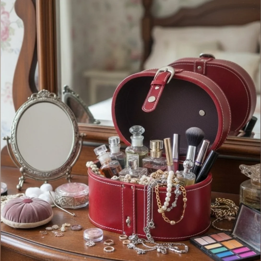 Vintage Style Faux Leather Burgundy Oval Storage Case Contrast White Stitching
